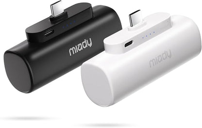 Miady 2-Pack Mini Portable Charger Built-in USB C Connector Small PowerBank | 5000mAh丨Lightweight丨for Backpack Travel丨Compatible with iPhone 17 Galaxy Android丨Ultra-Compact丨Flight-Safe丨18Wh丨Black+White