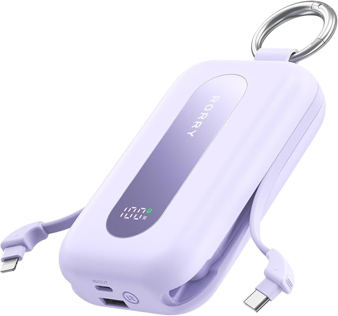 RORRY CharmGo Portable Charger 20000mAh 30W Power Bank 4 in 1 Battery Pack | Built-in Cables,Fast Charging,Keychain,Travel Essentials,Portable,for iPhone 17/16/15/14/13,for iPad Air/Pro,for AirPods