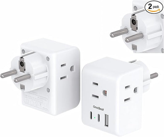 One Beat 2 Pack Germany France Travel Plug Adapter, Type E/F International Power Adapter with 3 Outlets and 3 USB Ports (2 USB-C), Travel Essentials for US to France, Germany, South Korea, Netherlands