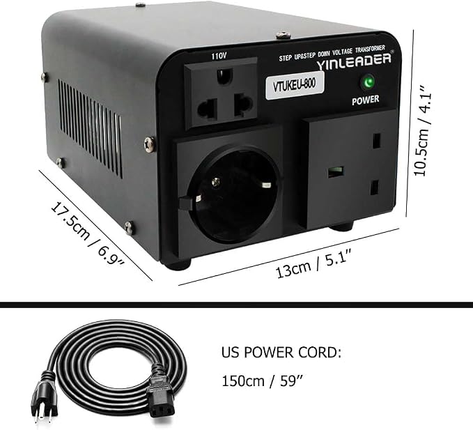 Yinleader Voltage Converter 800W Step Up/Down Transformer 110V to 220V | for use European, UK and More Overseas appliances in The US/CA/MX [110V US Power Cord Included Only, No 220V Cord]