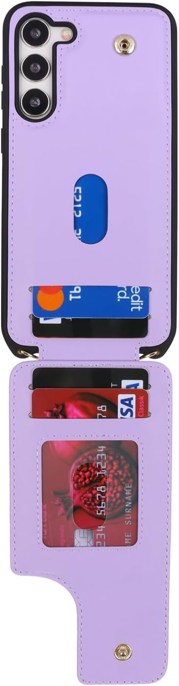 Lipvina for Samsung Galaxy S22 Case with Card Holder and Strap for Women,Crossbody Lanyard,RFID Blocking,Ring Stand,Snap Clasp,Phone Wallet Cases 6.1 inch(Purple)