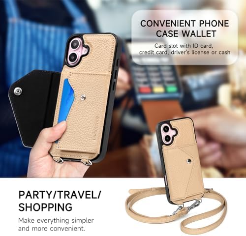 LUCKYCOIN for iPhone 16 Crossbody Wallet Case – Genuine Leather Phone Purse with Adjustable Strap and Card Holder,Lanyard Phone Purse Case for Women,Pebble Grain Beige