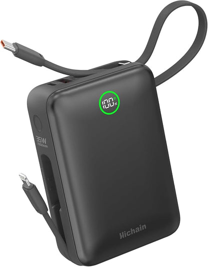 Hichain 20,000mAh 35W Power Bank Fast Charging Portable Charger Gray | for iPhone 17/16/15/14/13, iPad, Android, LED Display 4 Outputs Battery Pack Built in Dual Cables Portable Travel Charger