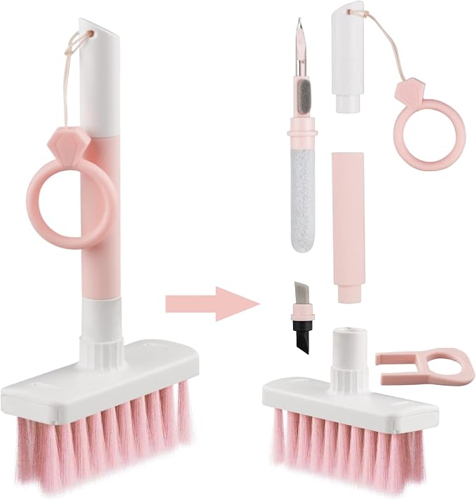 Soft Brush Keyboard Cleaner, Computer Cleaning Tool Kit, 7 in 1 Multipurpose Corner Slit Duster Keycap Puller and Soft Microfiber Brush for Bluetooth Headset Lego Airpods Laptop Camera Lens (Pink)