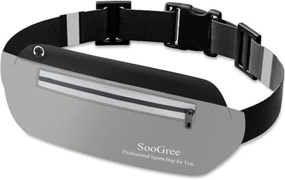 SooGree Running Waist Pack for Men Women, Lightweight Waterproof Sports Belt Bag, Phone Running Pouch, Night Reflective Fitness Storage Bag for Running Cycling Hiking Traveling (Black/Gray)
