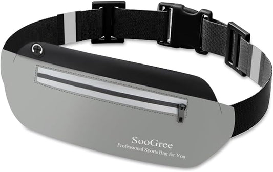 SooGree Running Waist Pack for Men Women, Lightweight Waterproof Sports Belt Bag, Phone Running Pouch, Night Reflective Fitness Storage Bag for Running Cycling Hiking Traveling (Black/Gray)