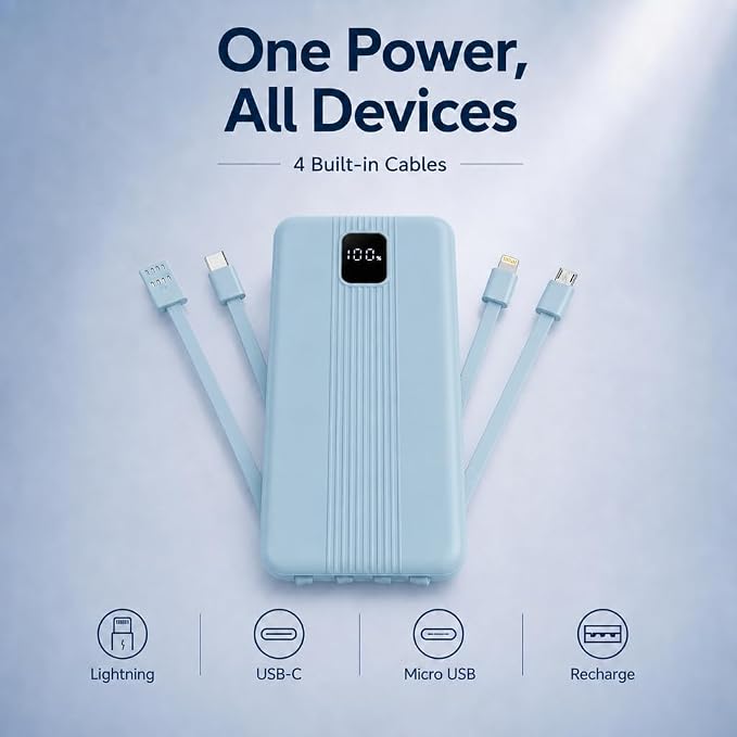 10000mAh Portable Charger with 4 Built-in Cables, 22.5W Fast Charging Power Bank, LED Display, Slim Travel Battery Pack for iPhone 17/16/15/14, Samsung Galaxy, iPad & More