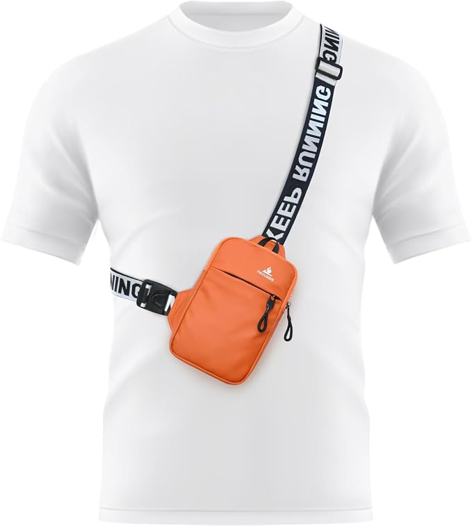 Peicees Mini Crossbody Sling Bag Chest Bag Dual Pocket Water Resistant Fanny Pack Running Phone Holder for Men Women Workout Travel, Orange