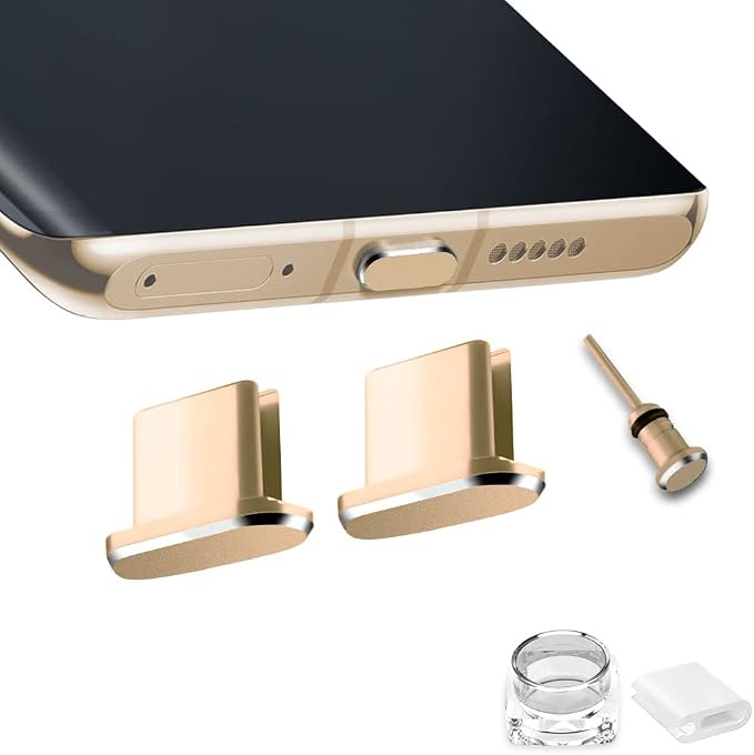 USB C Dust Plugs Charging Port Cover Protectors Caps Compatible with Samsung Galaxy S24 S23 S22 S21 S20 Ultra Plus Fe Type C Devices, Keep Dust/Dirt/Water/Lint from Charging Port (2PCS Gold)