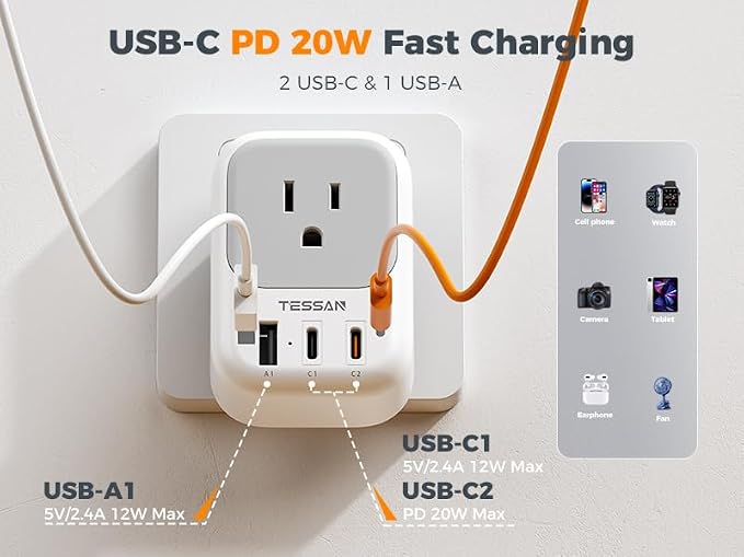 TESSAN US to Japan Plug Adapter PD 20W,2 Pack 2 Prong to 3 Prong Outlet Adapter with 4 Outlets and 3 USB (2 USB-C), Power Adaptor US to Japan China Mexico Philippines Canada Peru Thailand Vietnam