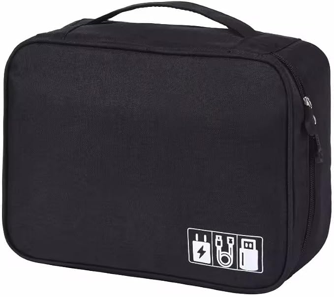 CARIGO Portable Electronics Organizer Bag, Double Layer Travel Gadget Organizer, Waterproof Digital Storage Case for Cables, Chargers, USB, SD Cards, Power Bank (Black)