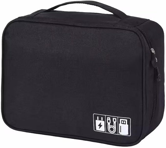 CARIGO Portable Electronics Organizer Bag, Double Layer Travel Gadget Organizer, Waterproof Digital Storage Case for Cables, Chargers, USB, SD Cards, Power Bank (Black)