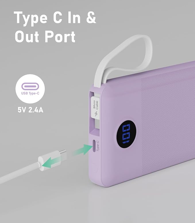 Portable Charger with Built in Cables, Slim 10000mAh Power Bank, USB C Battery Pack Travel, 4 Output 2 Input External Charging Bank for iPhone 17/16/15/14/13,Samsung, Android, etc-Purple(1 Pack)
