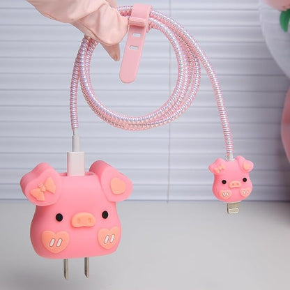Compatible with Apple 20W/18W USB-C Adapter Charger, 3D Cartoon Protective Case for iPhone 20W USB-C Power Adapter Charger Fast Lightning Cable Cable Cover (Bowknot Pig)