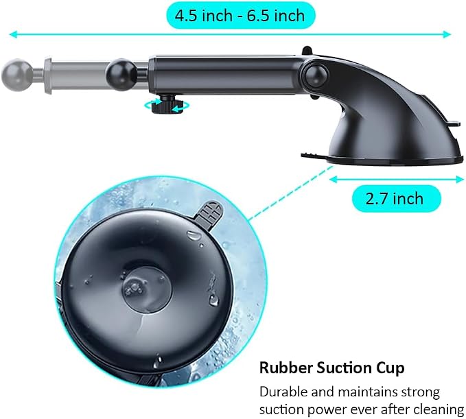 Kamon Suction Cup Replacement for Car Phone Mount –17mm Ball Joint Extendable Arm (4.5–6.5 in), Dashboard & Windshield Fix, Compatible with Magnetic & Clamp Holders (M16)
