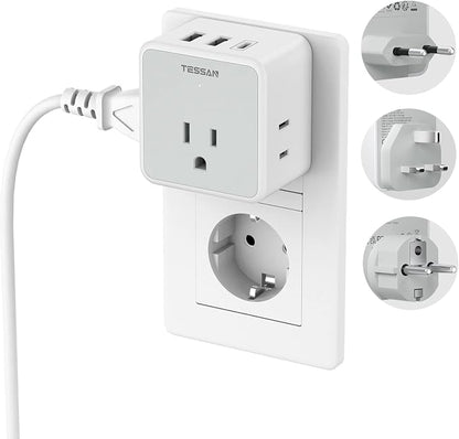 TESSAN All European UK Travel Plug Adapter Kit, International Detachable | 3 Outlets 3 USB Ports (1 USB C), Type C/G/E/F EU Ireland Power Adaptor, US to Europe Italy Spain France Greece