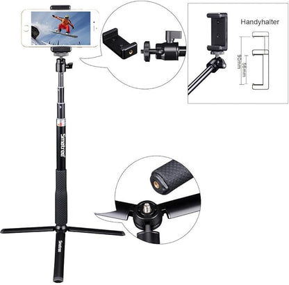 Smatree Telescoping Selfie Stick with Tripod Compatible for Insta360 X5, for GoPro Hero 13/12/11/10/9/8/7/6/5, for OSMO 5 Pro/4/3/Ricoh Theta, Compact Camera and Phone