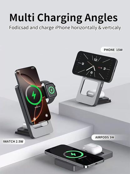 3 in 1 Wireless Charging Station for iPhone 17 16 15 14 13 12, Apple Watch 10 9 8 7 6 5 4 3 2 SE Ultra, AirPods 4 3 2 Pro, 15W Fast Charger Stand (Gray)