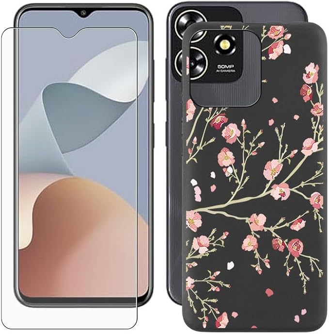Cover for ZTE Blade A73 (6.52 inch) Case + Screen Protector，Tempered Glass 9H Hardness Protective Film and Soft Silicone Bumper Shell Black TPU Phone case -Peach Blossom