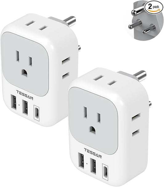 TESSAN India Plug Adapter 2 Pack, Type D Travel Adapter with 4 Outlets 3 USB Charger (1 USB C Port), US to Indian Outlet Adaptor for USA to Bangladesh, India, Kuwait, Maldives