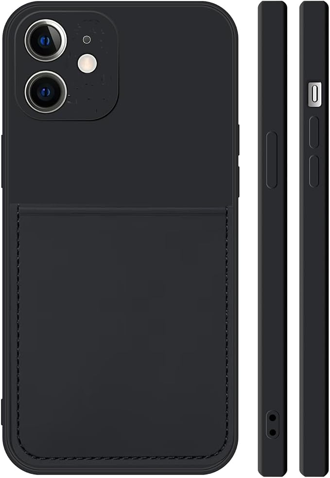 Ultra Slim Liquid Silicon Gel Case Compatible for iPhone 12 mini 5.4 inch 2020 with Card Holder Sleeves Slot Anti-Scratch Shockproof Wallet Cover with Screen Protector (Black)