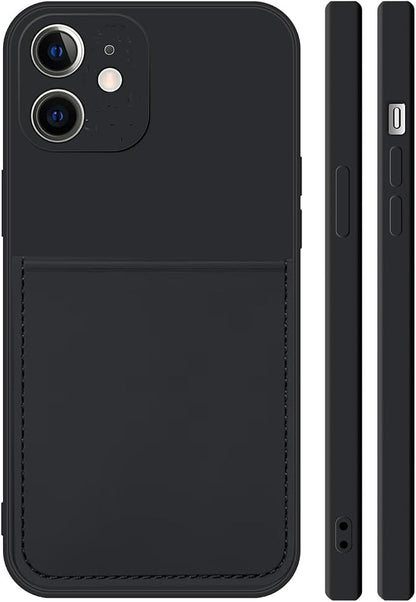 Ultra Slim Liquid Silicon Gel Case Compatible for iPhone 12 mini 5.4 inch 2020 with Card Holder Sleeves Slot Anti-Scratch Shockproof Wallet Cover with Screen Protector (Black)