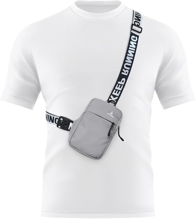 Peicees Mini Crossbody Sling Bag Chest Bag Dual Pocket Water Resistant Fanny Pack Running Phone Holder for Men Women Workout Travel, Grey