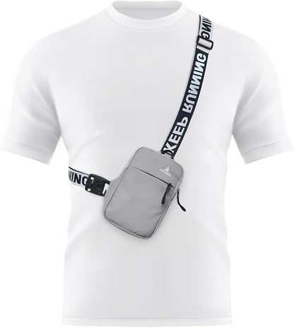 Peicees Mini Crossbody Sling Bag Chest Bag Dual Pocket Water Resistant Fanny Pack Running Phone Holder for Men Women Workout Travel, Grey