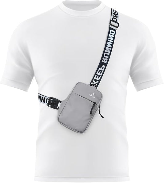 Peicees Mini Crossbody Sling Bag Chest Bag Dual Pocket Water Resistant Fanny Pack Running Phone Holder for Men Women Workout Travel, Grey
