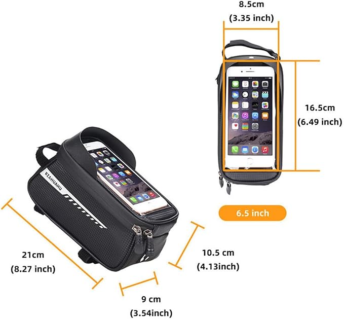 Bike/Bicycle Phone Holder Bag, Bicycle Front Frame Bag, Waterproof Tube Bag, Bike Accessories, Cycling Pouch with TPU Touch-Screen& Sun-Visor Compatible Phone Under 6.5” (Black)