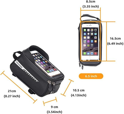 Bike/Bicycle Phone Holder Bag, Bicycle Front Frame Bag, Waterproof Tube Bag, Bike Accessories, Cycling Pouch with TPU Touch-Screen& Sun-Visor Compatible Phone Under 6.5” (Black)