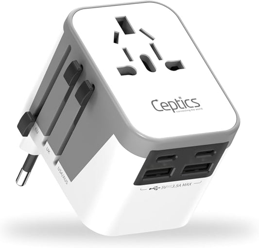 Ceptics Universal Travel Adapter for EU, UK, China, UAE, AU – International Power Adapter with Dual USB-C & USB-A – Ideal for Phone, Tablet & Smartwatch Chargers - Type A, C, G, I Plug Outputs | Universal Travel Adapter, Type A, C, G & I Plugs, Works i...