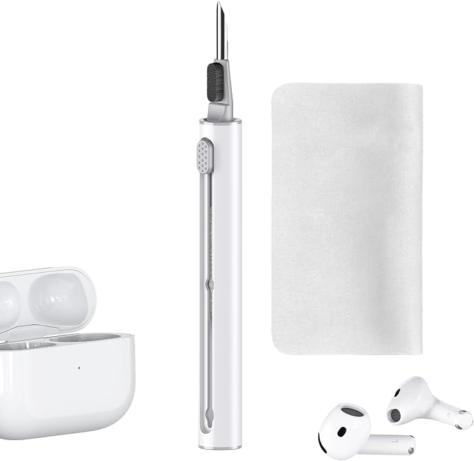 Cleaner Kit for AirPods Pro 1 2 3 Earbuds,Cleaning Kit Pen Shape with Soft Brush Flocking Sponge Tool for Bluetooth Earphones Headphones Charging Case,Phone,Camera and Computer(White+Cloth)