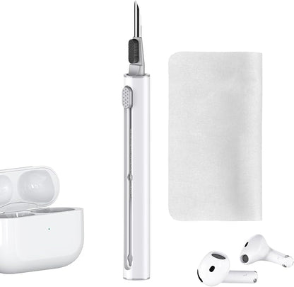 Cleaner Kit for AirPods Pro 1 2 3 Earbuds,Cleaning Kit Pen Shape with Soft Brush Flocking Sponge Tool for Bluetooth Earphones Headphones Charging Case,Phone,Camera and Computer(White+Cloth)