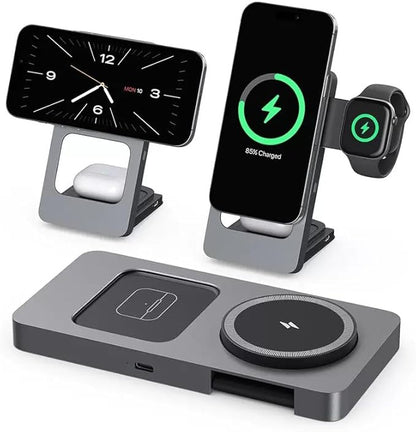 3 in 1 Wireless Charging Station for iPhone 17 16 15 14 13 12, Apple Watch 10 9 8 7 6 5 4 3 2 SE Ultra, AirPods 4 3 2 Pro, 15W Fast Charger Stand (Gray)