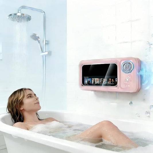 Shower Phone Holder with 360° Rotation, Angle Adjustable, Enhanced Sound Quality, Wall Mounted Phone Holder for Bathroom Mirror Bathtub Kitchen, Up to 7 Inch (Pink)