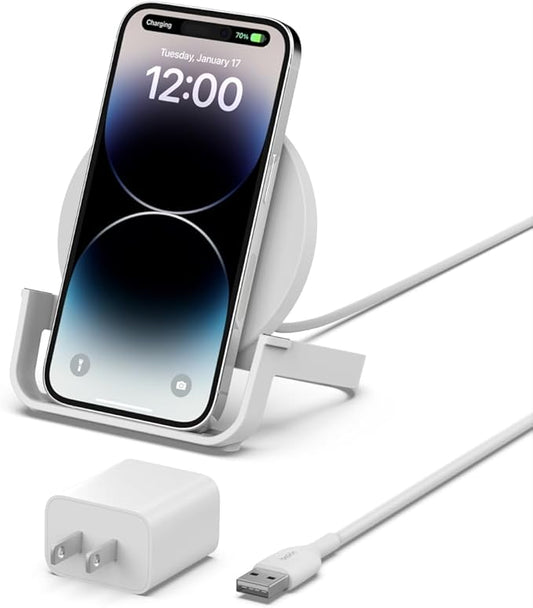Belkin Quick Charge 10W Wireless Charger - Qi-Certified Charger Stand for iPhone, Samsung Galaxy - Charge While Listening to Music, Streaming Videos, & Video Calling - Includes AC Adapter - White