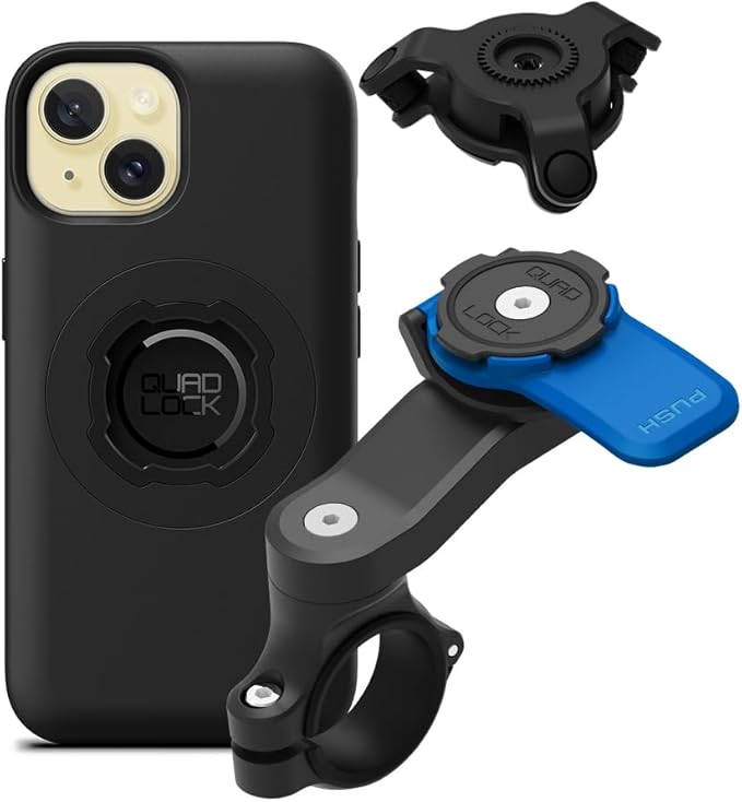 Quad Lock Motorcycle Handlebar Mount Kit with Vibration Dampener and MAG Phone Case for iPhone 15