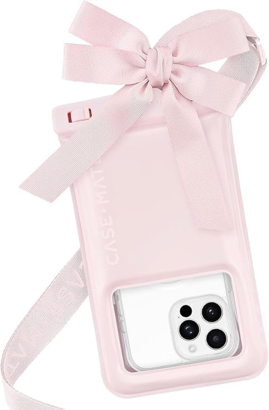 Case-Mate IP68 Waterproof Large Phone Pouch with Bow Design - Travel Beach Cruise Ship Essentials - Floating Phone Case with Crossbody Lanyard for iPhone 17 Pro Max/16 Pro/15/14/13/S26 - Ballet Pink