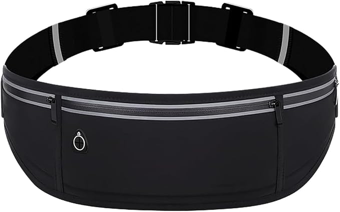 Slim Running Belt Fanny Pack for Men Women, Adjustable Running Phone Holder with 3 Pockets, Reflective Fitness Fanny Pack for Phones up to 7.2 inch, Water Resistant Sports Waist Bag, Black