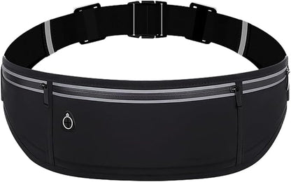 Slim Running Belt Fanny Pack for Men Women, Adjustable Running Phone Holder with 3 Pockets, Reflective Fitness Fanny Pack for Phones up to 7.2 inch, Water Resistant Sports Waist Bag, Black