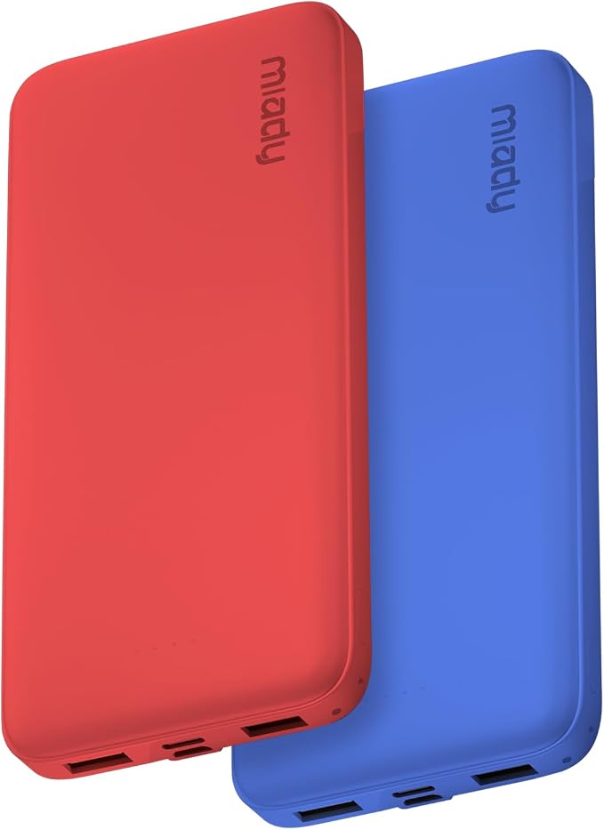 Miady 2-Pack Portable Charger, Slim 10000mAh Power Bank Travel Battery Pack | Dual USB丨3 Outputs 2 Inputs丨for Backpack Travel Camping丨Slim丨Compatible with iPhone Android etc丨Flight-Safe丨37Wh丨Red+Blue