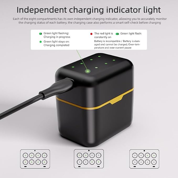 4/8 Bay 1.5V High-Speed with Individual LED Alerts for Household Devices & Speakers LED Battery Charger Case