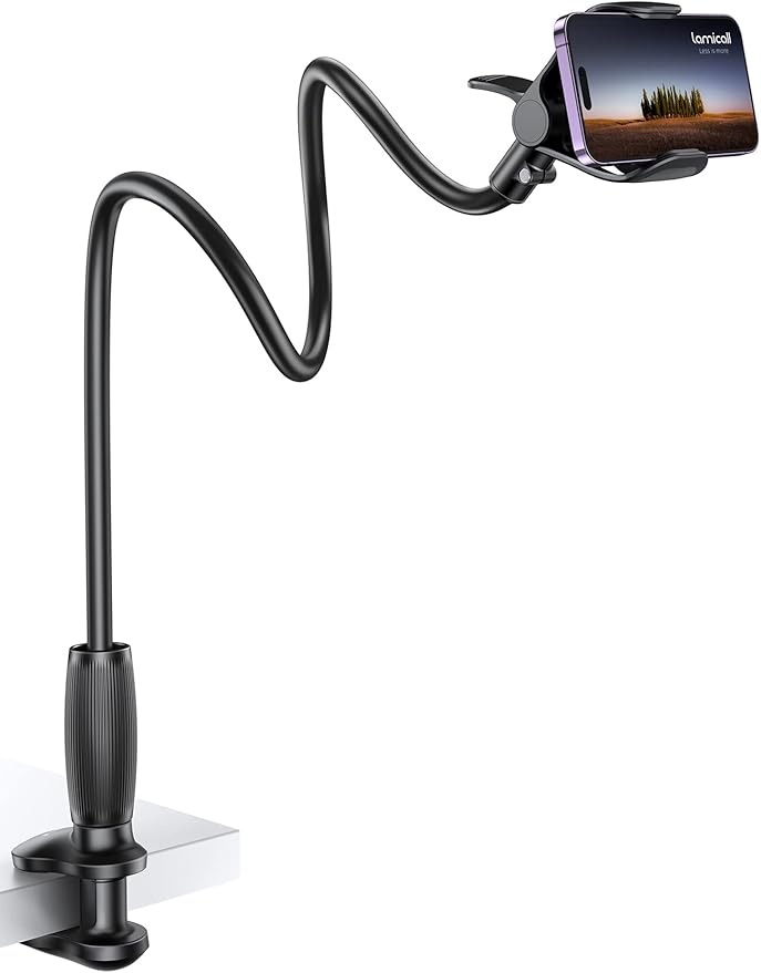 Lamicall Gooseneck Phone Holder for Bed - [Upgraded Stable Clip] for Desk, Headboard, Bed, Bedside, Table, Flexible Gooseneck Long Arm Stand, Overhead Cell Phone Clamp Mount, Gift for All 4-7” Device