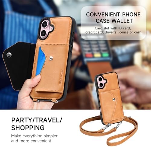 LUCKYCOIN for iPhone 16 Plus Crossbody Wallet Case – Genuine Leather Phone Purse with Adjustable Strap and Card Holder,Lanyard Phone Purse Case for Women,Vintage Tan