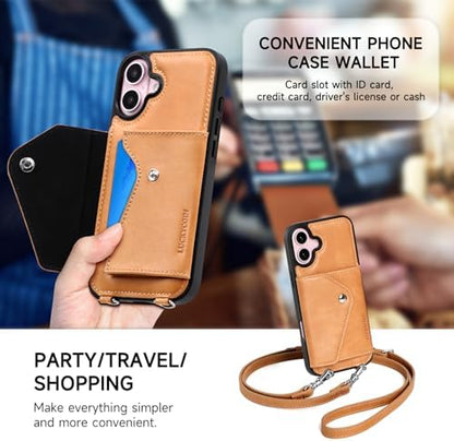LUCKYCOIN for iPhone 16 Plus Crossbody Wallet Case – Genuine Leather Phone Purse with Adjustable Strap and Card Holder,Lanyard Phone Purse Case for Women,Vintage Tan