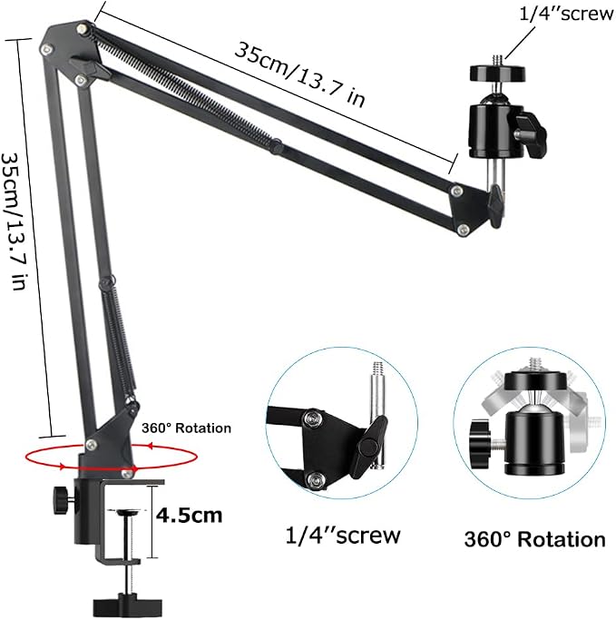 Overhead Tripod Mount for Camera Webcam Ring Light, Over Head Articulating Arm with Phone Holder and Ball Head, Desktop Suspension Scissor Accessory for Live Streaming,Video Recording