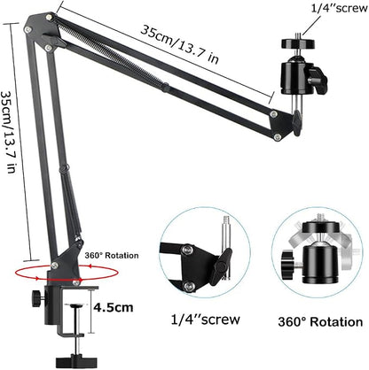 Overhead Tripod Mount for Camera Webcam Ring Light, Over Head Articulating Arm with Phone Holder and Ball Head, Desktop Suspension Scissor Accessory for Live Streaming,Video Recording