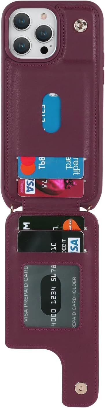 Lipvina for iPhone 13 Pro Case with Card Holder and Strap for Women,Crossbody Lanyard,RFID Blocking,Kickstand Ring Stand,Snap Clasp,Phone Wallet Cases 6.1 inch(Wine Red)