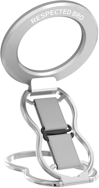 RESPECTED-BRO-Magnetic-Phone-Grip-Stand-with-Finger-Strap, 4-in-1 Magnetic Ring Holder, Kickstand and Elastic Strap for Phones, Universal Fit for iPhone 17/16/15/14/13/12, Android, and Cases (Silver)
